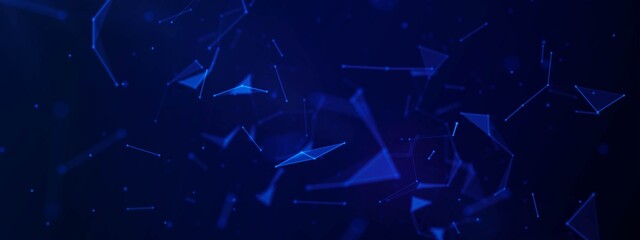 Abstract neon background. Design of glass fragments. Texture of geometric shapes, triangles, lines, points. Chaotic particles. Explosion of the universe. Outer space. Poster for technology, business. © Olga