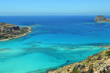 View on the an amazing scenery of Balos bay, beaches and turquoise sea