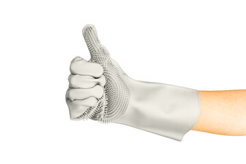 Isolated photo of female hand in rubber glove showing thumbs up gesture on white background.