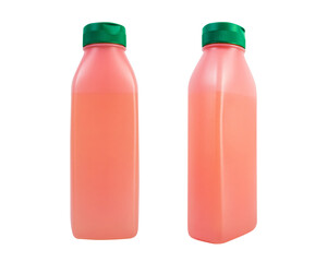 Isolated photo of blank red colored shampoo bottle on white background.