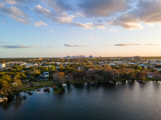 Aerial view of downtown Orlando from Winter Park, Florida above Lake Killarney.