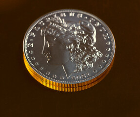 Close up of 2021 silver dollar on reflecting gold background