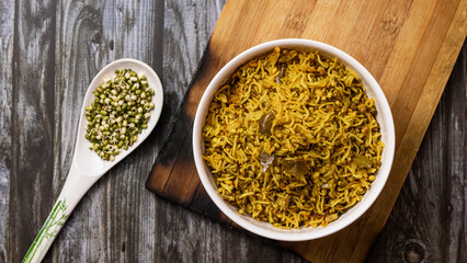SPROUT RICE INSIDE WHITE SERVING BOWL WITH BLACK BACKGROUND