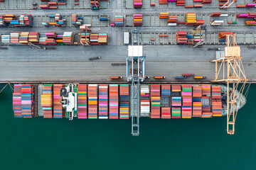 Aerial view Container ships at industrial ports in the business of import, export, logistics and...