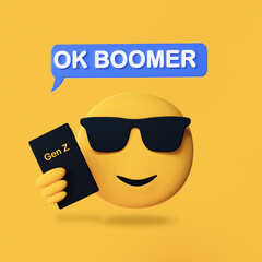 Selfie sunglasses face emoji texting OK Boomer, generation z verses baby boomer social media expression and meme, 3D illustration