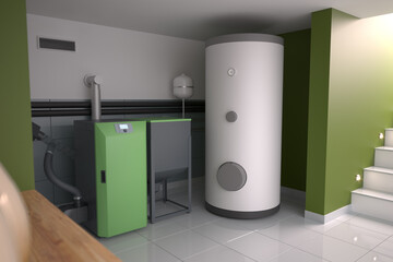 Boiler room - home heating system, 3D illustration - obrazy, fototapety, plakaty