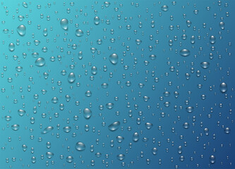 Set water rain drops, pure droplets condensed on blue background. Realistic vector illustration bubbles on window glass. Design for poster, banner, concept
