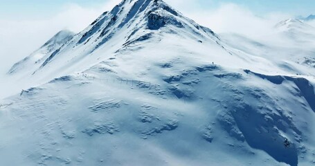 Aerial landscape tilt up view of snowy mountain under blue sky at Jiajin Mountain at Sichuan China 