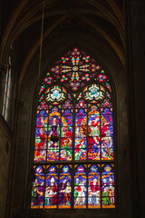 Church vitrage glass, stained glass mandalas. Interior Votive Church, Votivkirche, neo-Gothic...