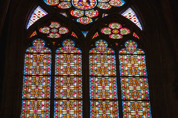 Church vitrage glass, stained glass mandalas. Interior Votive Church, Votivkirche, neo-Gothic...