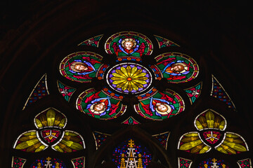 Church vitrage glass, stained glass mandalas. Interior Votive Church, Votivkirche, neo-Gothic...