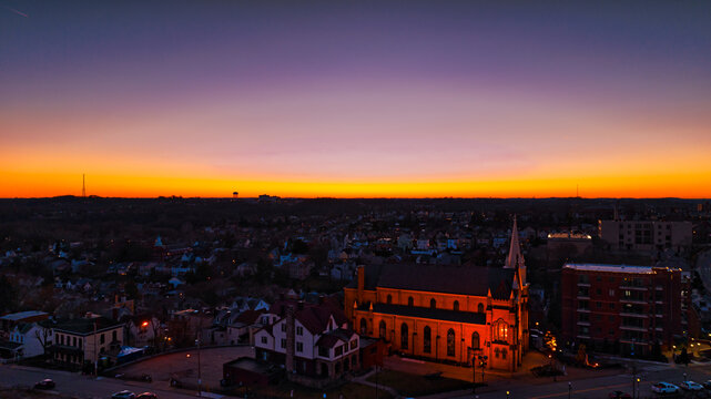 Sunset in the city of Pittsburgh over St. Mary of the Mount Church

