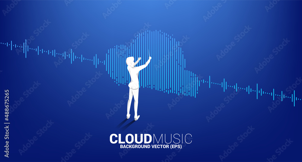 Poster vector silhouette of conductor standing with cloud music and sound technology concept .equalizer wav