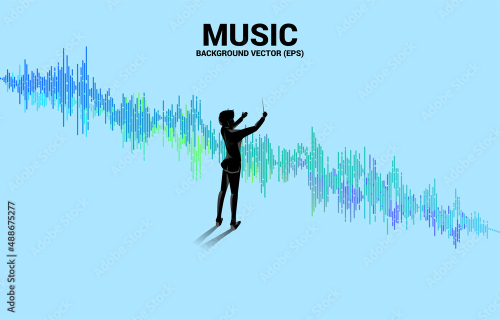 Poster vector silhouette of conductor with sound wave music equalizer background. concept background for cl