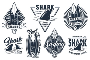 Surf board for summer surfing on the waves collection. Shark and surfboard emblems. - obrazy, fototapety, plakaty