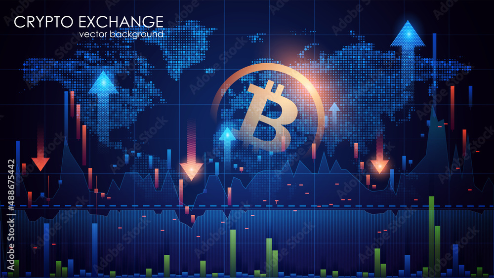 Poster bitcoin symbol on dark blue background. abstract vector image. exchange trading charts. digital elec