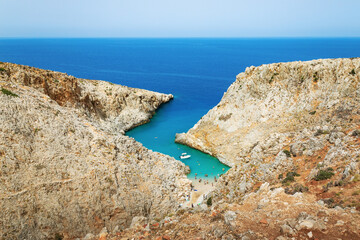 View to the magical Seitan Limania beach in Akrotiri in Crete, Greece