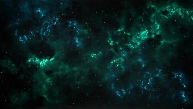 Space Blue and Green with Stars Background 4K Loop features a view of space with blue and green nebulous clouds and twinkling stars in a loop.