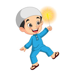 Cartoon happy muslim boy playing firework