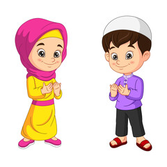 Happy muslim kids cartoon praying