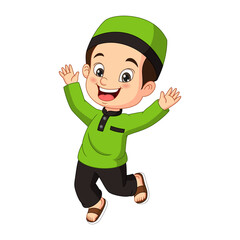 Happy muslim boy cartoon on white background