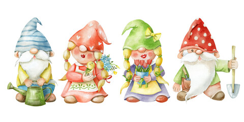 Watercolor hand-drawn set of four garden gnomes. Illustration for greeting cards, christmas invitations and t-shirts.