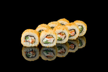 Hot roll with shrimp and eel on black with reflection
