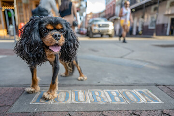 A cute dog, a Cavalier King Charles Spaniel, enjoys traveling in New Orleans, in the famous French Quarter, on Bourbon Street.