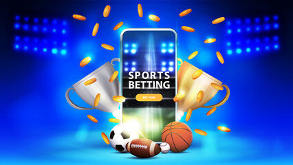 Sports betting, blue banner with smartphone, champion cups, falling gold coins and sport balls © DDevicee