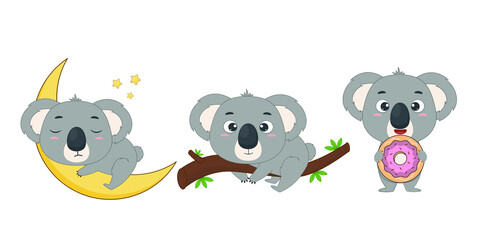 Set of cartoon koala on a white background. Elements for design or print. Vector illustration