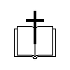 Black open book cross. Religious book with a cross. Bible symbol. Vector illustration. stock image. 