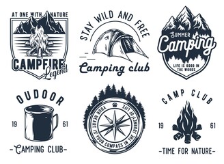 Camping outdoor adventures, summer forest camp, wild life explore emblems set
