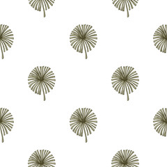 Fan palm leaves seamless pattern on. Vintage tropical foliage in engraving style.