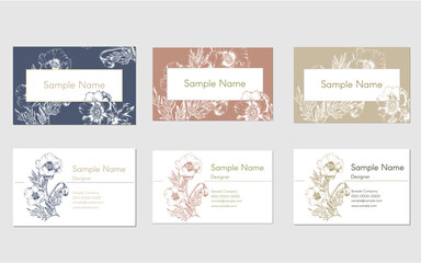 set of business card design templates with hand drawn illustration of anemone flowers, for name card, shop card