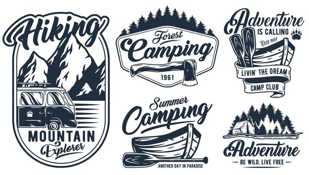 Camping Outdoor Adventure, Summer Forest Camp, Wild Life Explore Emblems Set