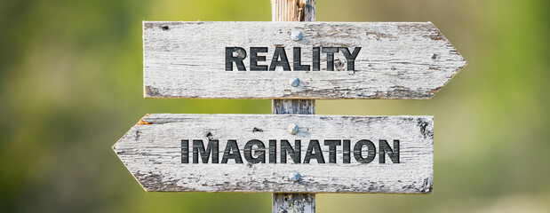 opposite signs on wooden signpost with the text quote reality imagination engraved. Web banner format.