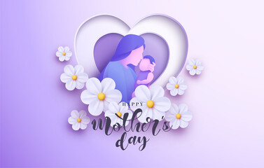 Mother's day background with paper cut illustration of woman kissing baby.