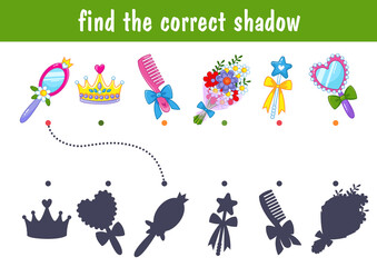 Little cute princess items, hairbrush, mirror, flower bouquet. Find the correct shadow. Educational game for kids. Cartoon vector illustration. © GreenPencil