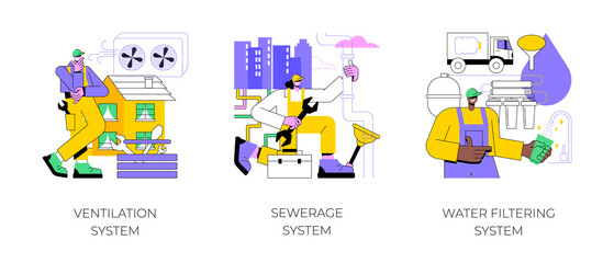 Home treatment system abstract concept vector illustration set. Ventilation and sewerage system, water filtering innovative solution, airing and cooling, house water treatment abstract metaphor.
