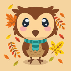 Isolated cute owl character with a scarf autumn background Vector