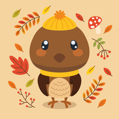 Isolated cute bird character with a winter hat autumn background Vector