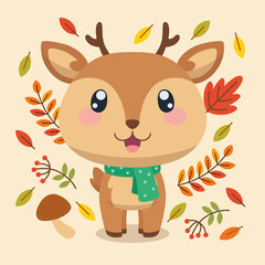 Isolated cute deer character with a scarf autumn background Vector