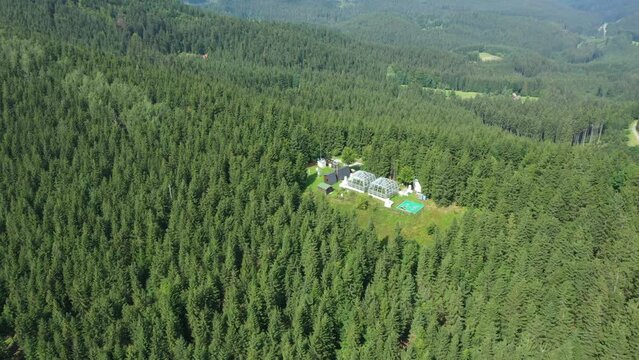 Science station greenhouse drone aerial open top chambers climate change research Bily Kriz, plant spruce Picea abies Norway European and mountain beech Fagus sylvatica common for scientific