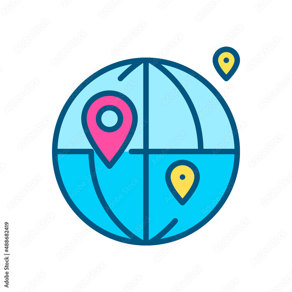 Poster world map with set of pointers. global shipment and communication. pixel perfect, editable stroke co