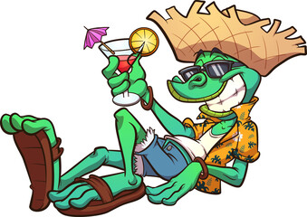 Cartoon iguana on vacation relaxing with tropical drink.