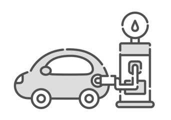 水素ステーション。充電スポットと水素自動車のイラスト。