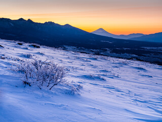 Fototapeta na wymiar 車山より冬山の早朝で雪面も空も一面に朝焼けのオレンジ色に染まり、山並みの隅には遠くの富士山が見える。