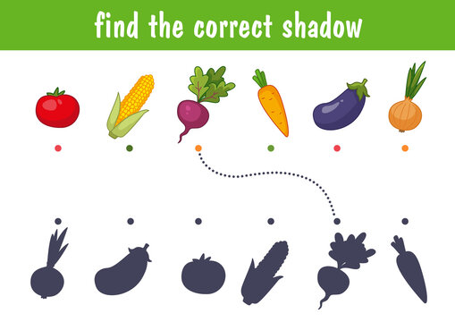 Set of cute vegetables, carrots, corn, beets, eggplant. Find the correct shadow. Educational game for children. Cartoon vector illustration, color clipart.