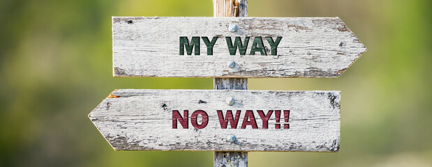 opposite signs on wooden signpost with the text quote my way no way engraved. Web banner format.