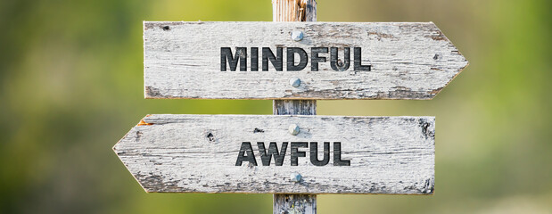 opposite signs on wooden signpost with the text quote mindful awful engraved. Web banner format.